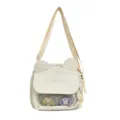 Cute canvas shoulder bag for women, casual crossbody ita bag with bear ears and clear window. - White