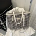 Women large houndstooth tote bag stylish casual shoulder handbag commuting shopping bag - White