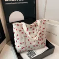 Cute corduroy strawberry print tote bag, large capacity casual single shoulder bag for women. - White
