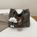 Dark grey canvas tote bag with chain strap, pearl decor and cute cloud plush pendant. - Black With Pendant