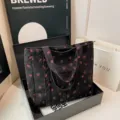 Black corduroy tote bag with cute strawberry print, large capacity shoulder bag for daily use. - Black