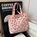 Pink corduroy strawberry print tote bag casual shoulder handbag for women daily practical use. - Pink