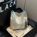 New Chinese style embroidered shoulder bag, large capacity tote bag with blue straps and tassel. - One Size / Blue Gradient