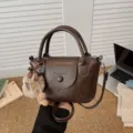 Dark brown retro women PU leather handbag and shoulder bag with cute plush pendant - Brown with Pendant