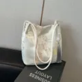 New Chinese style satin embroidered shoulder tote bag with elegant floral and bamboo leaf pattern. - One Size / Traditional Painting White