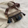 Gewegebene Tweed Umhängetasche Ethische Breite Riemen Quasten Brusttasche Damen Freizeit - Khaki