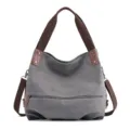 Borsa a tracolla in tela da donna, borsa grigia casual tinta unita con manici e cinturini marroni. - Grigio