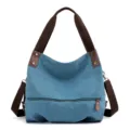 Borsa a tracolla in tela blu borsa a mano casual con manici marroni e tasca con zip inferiore - Blu