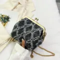 Denim kiss-lock chain shoulder bag for women, stylish vintage style cross body shell bag. - Black Type Two