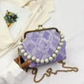 Elegant purple tweed pearl handle shoulder bag with gold chain, stylish women's cross-body bag. - Purple Style 2