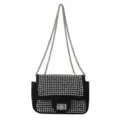 Black rhinestone shoulder bag with silver chain strap, elegant minimalist crossbody bag. - Black and White