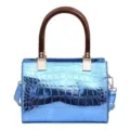 Stylish blue metallic crocodile PU leather handbag with tortoise shell handle for women. - Blue