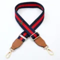 Replacement handbag strap with red blue web stripe and embroidered rose flowers, adjustable length. - Blue Red Rose with Brown