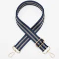 Adjustable wide replacement bag strap in dark blue and gold stripe with gold hardware. - Style 754