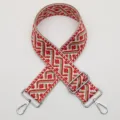 Adjustable wide woven replacement bag strap with ethnic red geometric pattern and metal hardware. - Style 672 Silver Hook