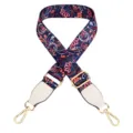 Adjustable wide bag strap in navy blue paisley print with gold hardware and white leather ends. - Morning Glory Pattern With White
