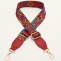 Colorful ethnic geometric pattern replacement bag strap with gold metal hooks and red PU ends. - Rainbow Diamond With Wine Red