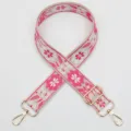 Ethnic style embroidered wide bag strap with pink floral pattern and gold metal hardware. - Gold Hook / Style 1008