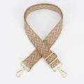 Adjustable wide replacement bag strap with woven chevron pattern and gold tone metal hardware. - Style 109 Beige and White Chevron / Gold Hook