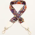 Ethnic style colorful adjustable bag strap with gold hardware and white leather ends. - Phoenix Pattern With White