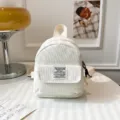 Mini white corduroy backpack for women, casual vintage small travel school daypack daily use. - White