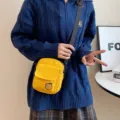 Cute canvas crossbody bag for girls, sweet Japanese style small shoulder bag with cartoon patch. - Yellow