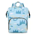 Blue multi-function diaper backpack with crown pattern, large capacity maternity bag for moms. - Crown Blue