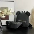 Korean style denim mini backpack and waist bag set for kids, cute cartoon bear ears design. - Backpack + Chest Bag / Black