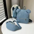 Cute denim bear ear backpack set for kids stylish blue casual school bag daily daypack - Backpack + Chest Bag / Light Blue