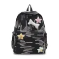 Sac a Dos Scolaire Noir en Toile Broderie Vague Mignonne Sac Casual pour Femme Fille Adolescente. - Sans pendentif / Noir