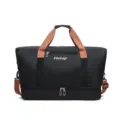 Black travel duffel bag with brown straps, large capacity gym bag, waterproof weekender. - Black