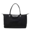 Classic black nylon tote bag, lightweight travel shoulder bag with leather handle and flap. - Black