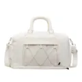 White travel duffel bag with gym compartment, mesh front pocket, and adjustable strap. - Off White