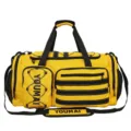 Yellow multi-pocket sports duffel bag, durable travel gym bag with shoulder strap. - Yellow
