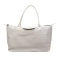 Casual large capacity lightweight travel tote bag in light grey with white leather handles - White