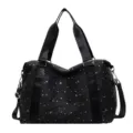Black travel duffel bag with star print, large capacity commuter shoulder bag for women. - Black