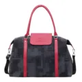 Stylish travel duffel bag with pink leather handles and durable patterned fabric for daily use. - Black