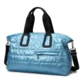 Light blue quilted travel duffel bag for gym sports and short trips with shoulder strap. - Lake Blue