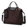 Large capacity leopard print travel weekender bag with black leather handles and shoulder strap. - Leopard Print Coffee