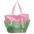 Pink and green mesh beach bag with small pouch, stylish tote for swimming and fitness. - Verdant