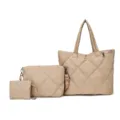 Gesteppte Puffer Tote Bag 3-Teiliges Set Weiche Baumwolle Umhängetasche Shopper Tasche Khaki - Khaki
