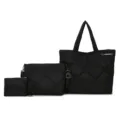 Schwarzes gestepptes Nylon 3-teiliges Shopper Taschen Set, Umhängetasche und Kosmetiktasche. - Schwarz