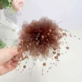 Brown mesh flower hair claw clip with delicate beads and feathers for voluminous elegant hairstyles. - Lush Flower Hair Claw (A145) / 13cm / Coffee
