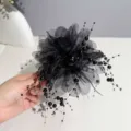 Black mesh flower hair claw clip with pearl bead tassels for elegant women updos. - Lush Flower Hair Claw (A145) / 13cm / Black