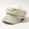 Close-up detail of the sparkling rhinestone embellished flat top military hat in beige. - M (56-58cm) / Off White
