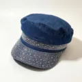 Rhinestone denim flat top hat for women, stylish sparkling crystal beret cap with curved brim. - M (56-58cm) / Denim Blue