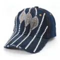 Gorra de béisbol de mezclilla con hojas de diamantes de imitación y cadenas para viajes. - Adulto, Circunferencia de la gorra 58cm ajustable / Azul marino