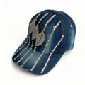 Gorra de béisbol de mezclilla con diamantes de imitación azul, detalle, diseño de hojas. - Adulto, Circunferencia de la gorra 58cm ajustable / Azul Medio
