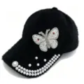Détail casquette pelucheuse noire, ornement papillon perle strass, chapeau d'hiver chaud - Adulte (Ajustable 58CM) / Noir 1