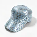 Blue denim baseball cap with metallic silver leopard print texture detail showing quality craftsmanship. - Adjustable Adult Size / Light Blue Silver Leopard